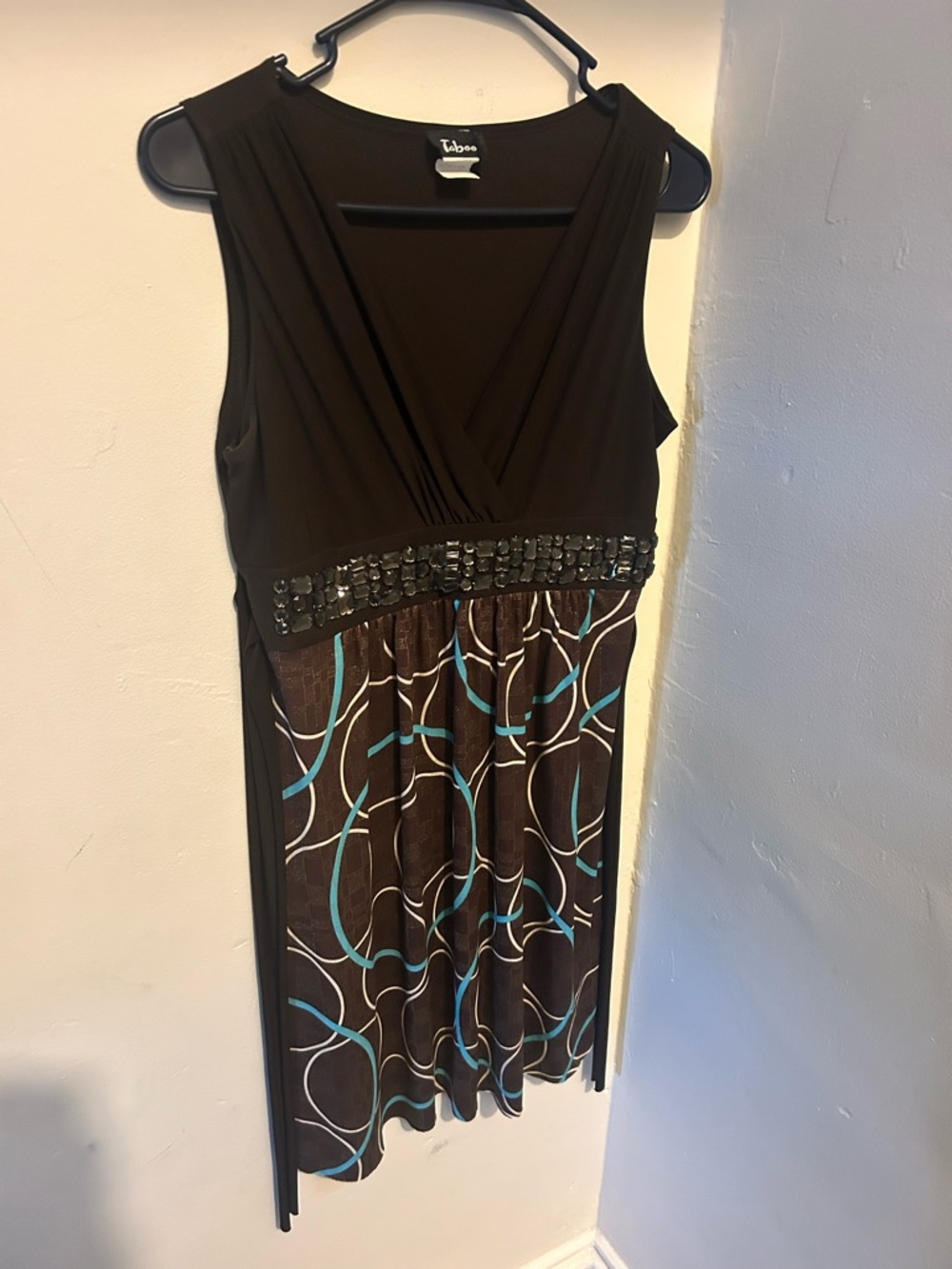 Taboo Brown Dress with Teal and White Print and Beaded Waist